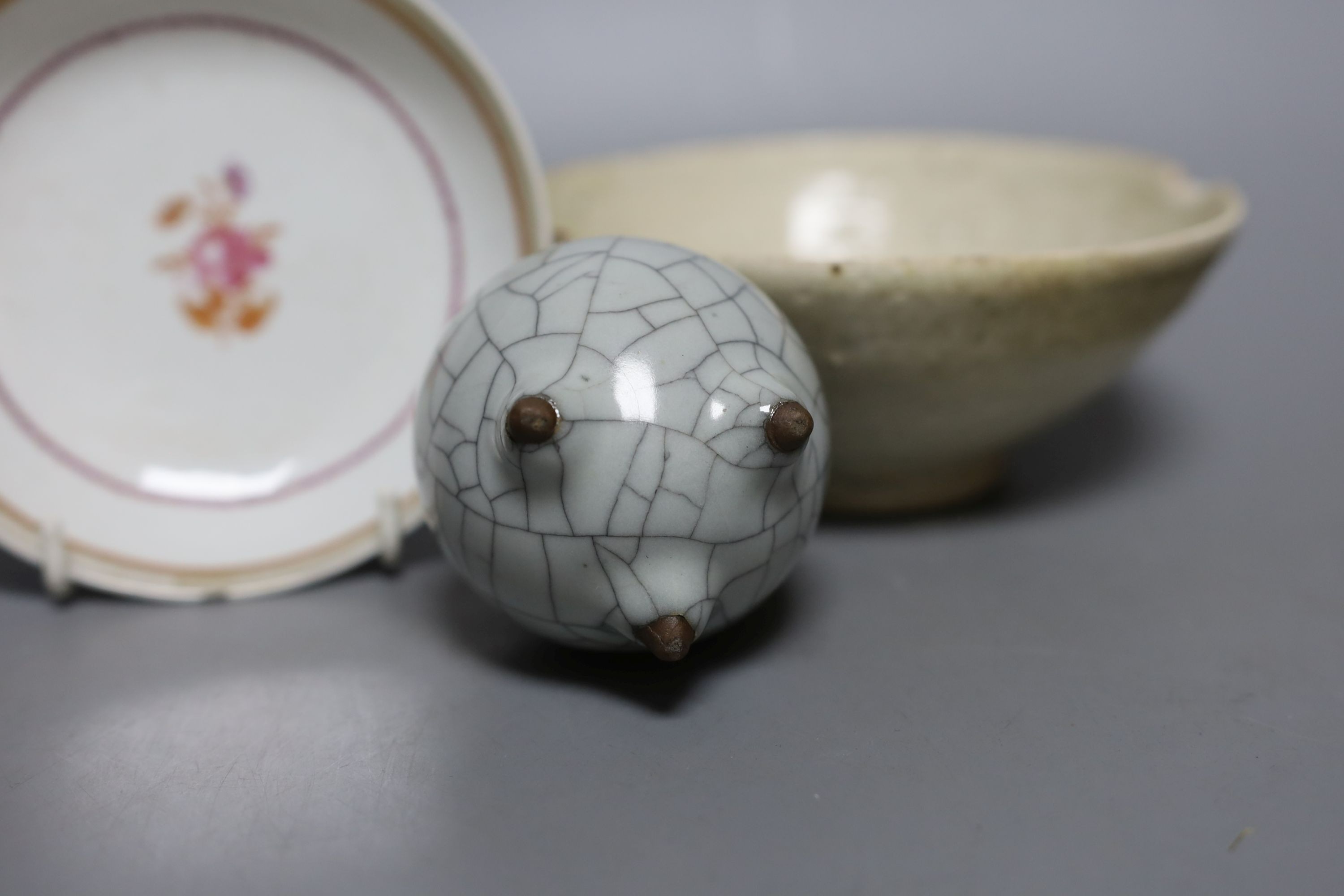 An 18th century Chinese export saucer dish, crackle glaze vase and a Qingbai bowl, diameter 15cm